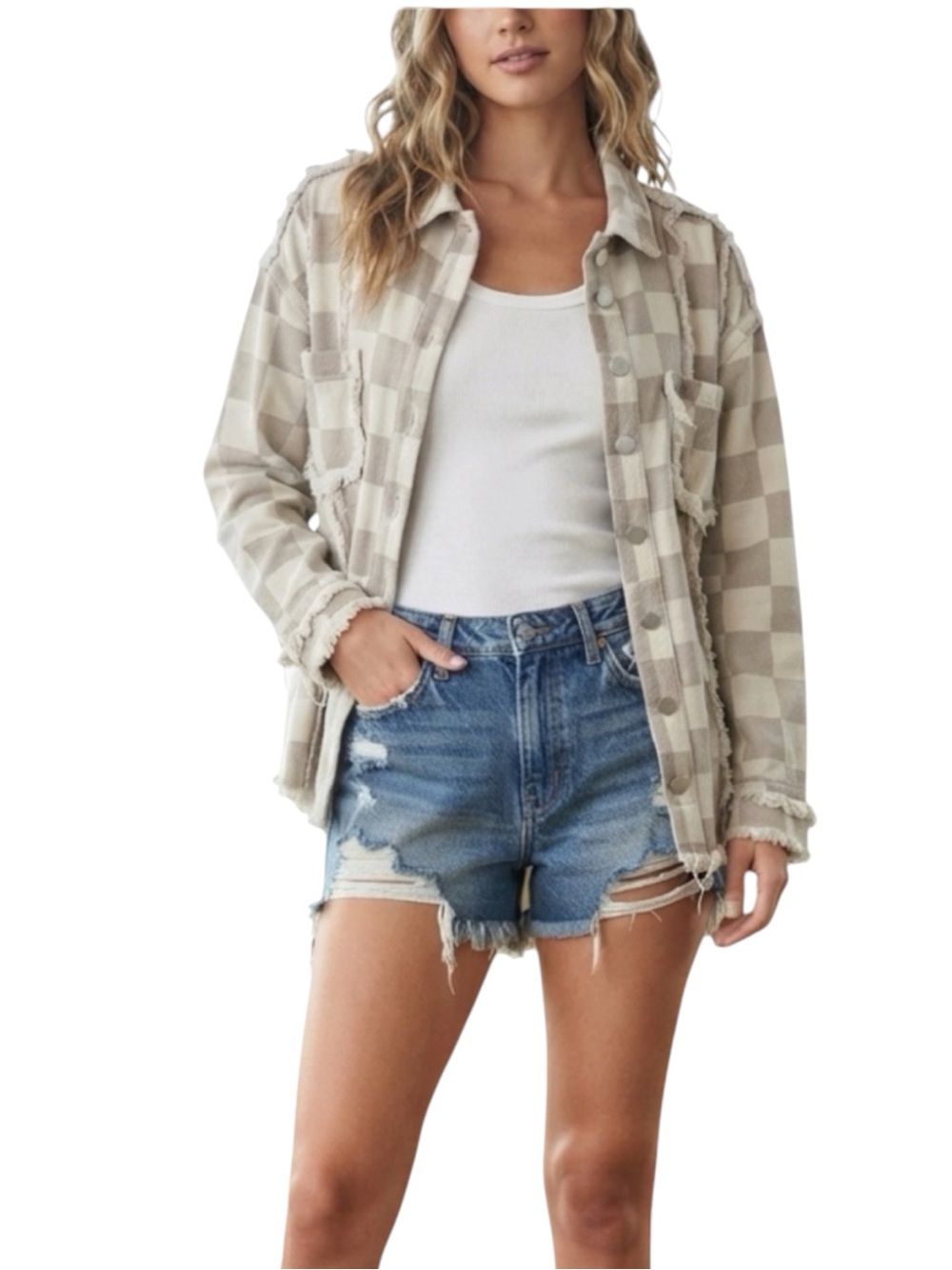 Easel Beige Checkerboard Shacket Jacket - Women's Neutral Plaid Shacket Size M